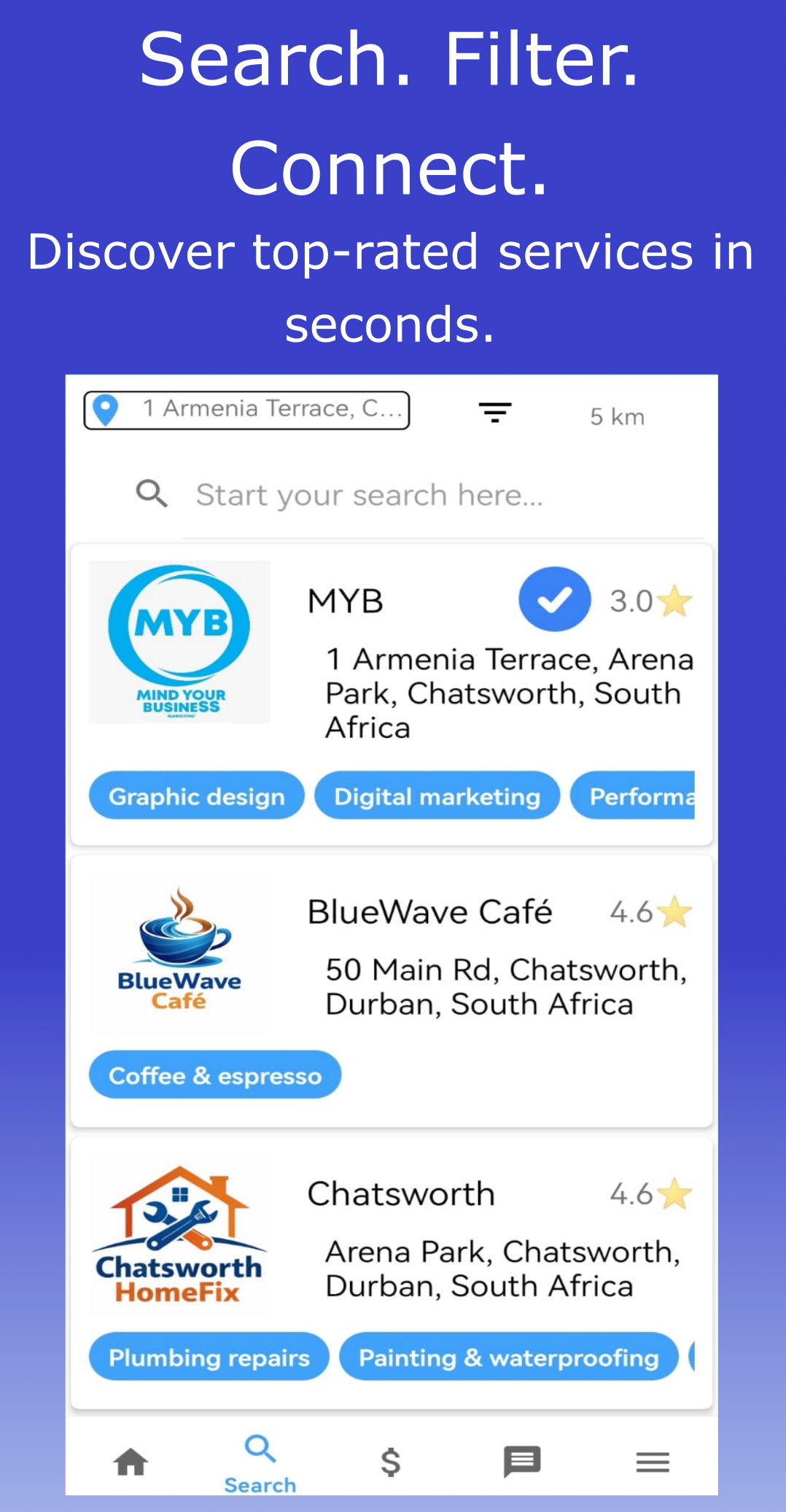 MYB app search screen for finding local businesses